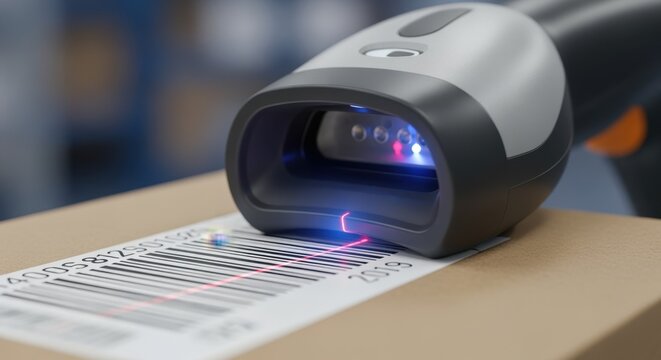 Closeup of hightech barcode scanner processing shipment details.