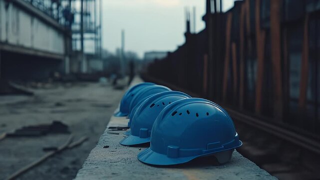 Blue hard hats lined on concrete wall at an industrial construction site, focused close-up