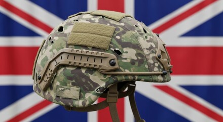 Camouflage tactical helmet with bullet holes in front of British flag illustrating military conflict and protection equipment in war.