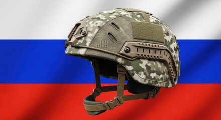 Army helmet with camouflage pattern. Military tactical gear. Concept of protection, defense, patriotism, and armed forces.