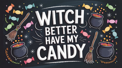 A whimsical halloween illustration featuring a chalkboard design with the phrase witch better have my candy surrounded by cauldrons, brooms, and colorful candies