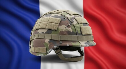 Military combat helmet with camouflage pattern and flag of France. Concept of defense, national security, army, and protection.