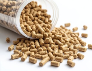 Open packet of rabbit food pellets, scattered view, isolated.