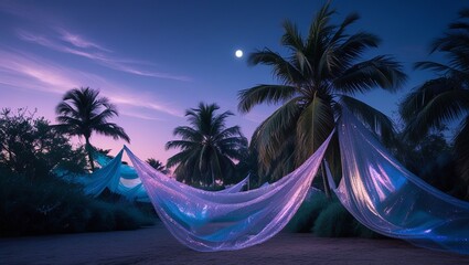 Dreamy Desert Oasis at Dusk Featuring Silhouettes of Palms and Translucent Draped Cloth