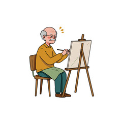Fototapeta premium Elderly man painting on canvas while sitting on a chair indoors 