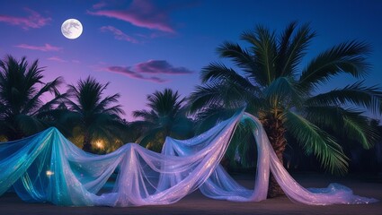 Enchanting Tropical Night Scene with Full Moon, Palm Trees, and Flowing Ethereal Fabric

