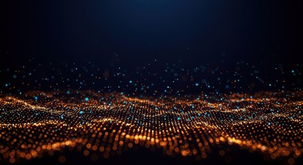 Abstract Golden and Blue Particle Wave on Dark Background, Futuristic Technology