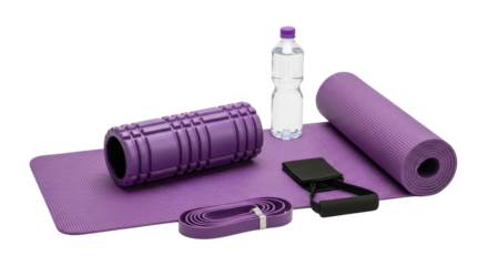 Purple yoga and fitness equipment set with a water bottle
