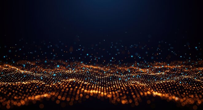 Abstract Golden and Blue Particle Wave on Dark Background, Futuristic Technology