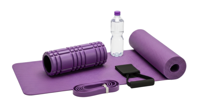 Purple yoga and fitness equipment set with a water bottle
