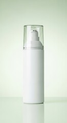 A white cosmetic bottle with a pump and transparent cap sits on a reflective surface