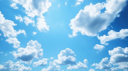 A bright blue sky filled with fluffy white clouds creating a peaceful and idyllic atmosphere