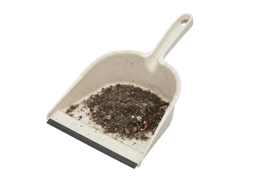 Dirty dustpan with collected debris isolated on white

