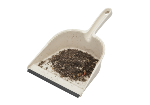 Dirty dustpan with collected debris isolated on white

