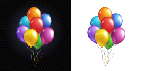 Balloons bunch isolated on transparent and white backgrounds. Vector colorful festive 3d helium balloons template for anniversary, birthday party design © Kindlena