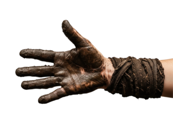 Outstretched muddy hand wrapped in cloth strips

