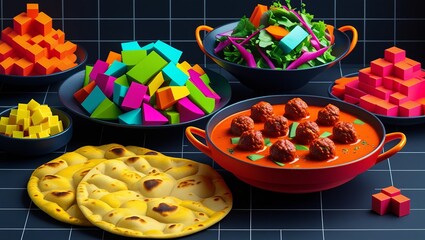 Eclectic Top-Down View of a Modern Dinner Spread Interspersed with Geometric Shapes and Textures