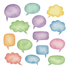 Collection of colorful watercolor speech bubbles and thought clouds