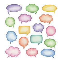 Collection of colorful watercolor speech bubbles and thought clouds