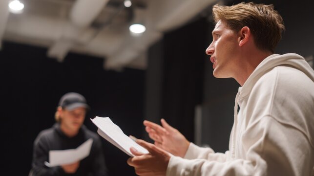 Side view of a rehearsal room as an actor energetically delivers scripted lines while a director takes notes and discusses character motivation for improvement.