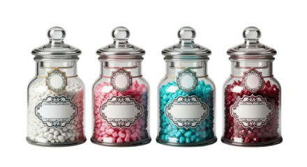 Colourful candy jars with vintage glass lids and labels
