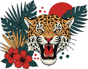 Majestic Leopard or Jaguar Head Roaring with Tropical Leaves, Hibiscus Flowers, and Sun, Representing Wild Nature, Power, and Jungle Vibes, Flat Vector Illustration
