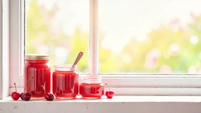 Cherries preserve near window, three jars of jam on white windowsill overlooking summer garden. Cherries preserve includes fresh cherries and spoon. Use cherries preserve in video about homemade food.