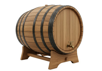 Wooden wine barrel with tap on stand isolated
