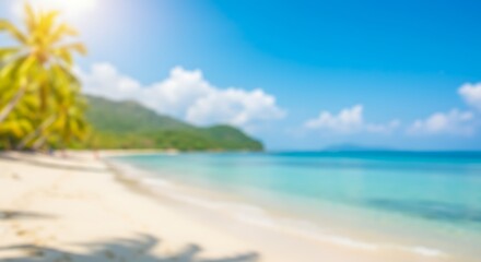 Picturesque Tropical Beach Scene Sun, Sea, and Sand with Palm Trees on a Clear Day