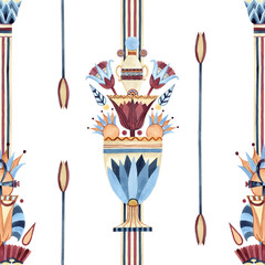 Egyptian ornament seamless pattern with sacred lotus in vase. Ethnic tribal symbols. Watercolor colorful illustration isolated from background. For souvenir products, textile, wallpaper, packaging