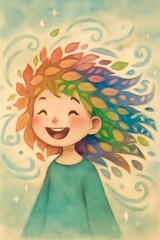 Rainbow Whimsy: Girl with Flowing Flower-Petal Hair, Swirling Wind & Sparkles – Joyful Watercolor Kids’ Wall Art