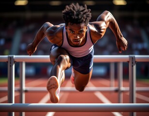Athlete jumping over a hurdle, frozen mid-air with bent knee and focused face.
