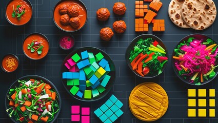 Vibrant Overhead Flat Lay of Diverse Food Dishes and Colorful Geometric Blocks on a Grid Background