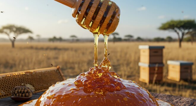 Golden Honey Drizzling from Wooden Dipper over Honeycomb with African Savanna Backdrop