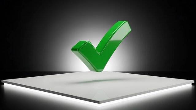 3D green check mark icon floating above a white pedestal with dramatic lighting. Ideal for representing approval, validation, success, and confirmation in UI/UX or business concepts.