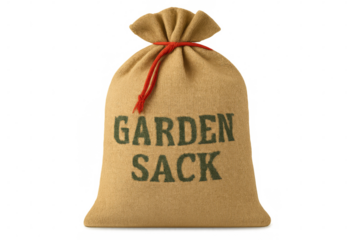 Full closed garden sack standing upright, featuring a vibrant red tie and green writing, set against a transparent background