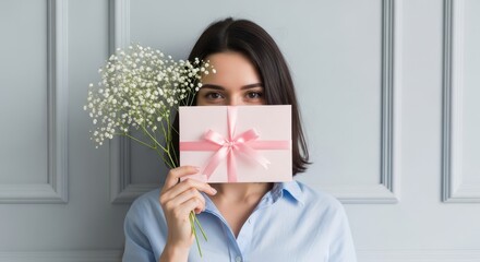 A woman holds a pink gift envelope and baby's breath flowers in front of her face