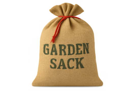 Full closed garden sack standing upright, featuring a vibrant red tie and green writing, set against a transparent background
