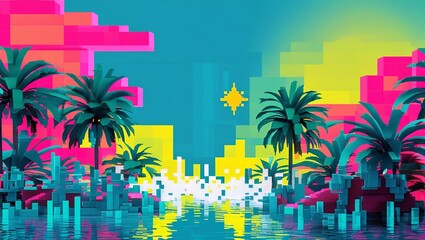 Dynamic Low-Angle View of a Modern Metropolis with Pink and Green Palm Silhouettes