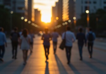 Obraz premium 夕暮れ時、都会の街路を人々が活気溢れる足取りで歩く様子を描写。