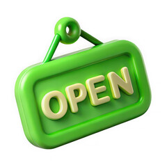Bright green 3d open sign hanging with yellow letters isolated on transparent background