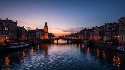 Fototapeta premium Canals reflecting golden city lights at dusk, portraying serene European charm.