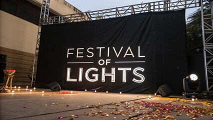 Illuminated festival of lights sign on a stage, set against a dark background, creating a vibrant and celebratory atmosphere for an outdoor event