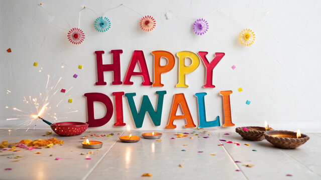 A vibrant happy diwali display with colorful lettering, diyas, and festive decorations creates a celebratory atmosphere for the indian festival of lights