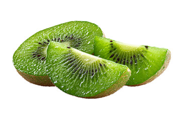 A realistic photograph of two kiwi fruits cut in half, isolated on a white  isolated on a transparent background in PNG format.