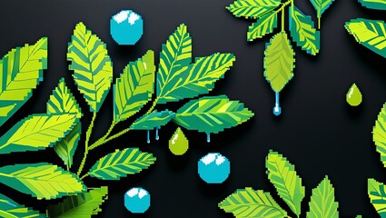 Abstract Nature Scene: Bright Green Leaves Dripping with Blue Rain and Floating Spheres