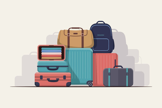 A stack of luggage including suitcases a backpack and a duffel bag ready for travel adventure