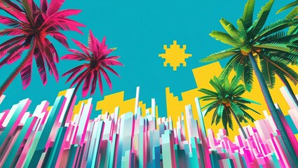 Vibrant Abstract Cityscape with Stylized Palm Trees and Bright Tropical Colors