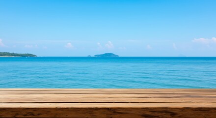 Fototapeta premium Empty wooden table top with a beautiful summer sea view and tropical island horizon.