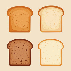 Four slices of bread with varying shades of brown on transparent background